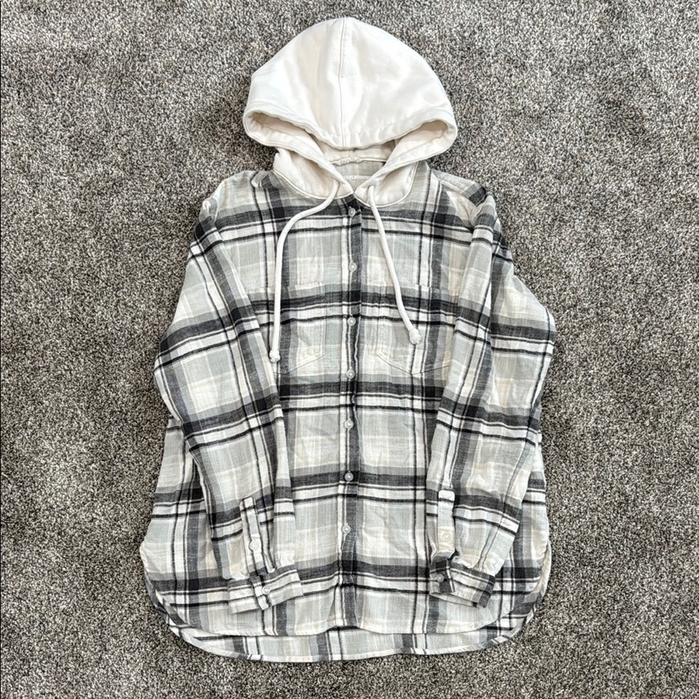 American Eagle Outfitters Grey Hooded Flannel ~ Women's Size Extra Small